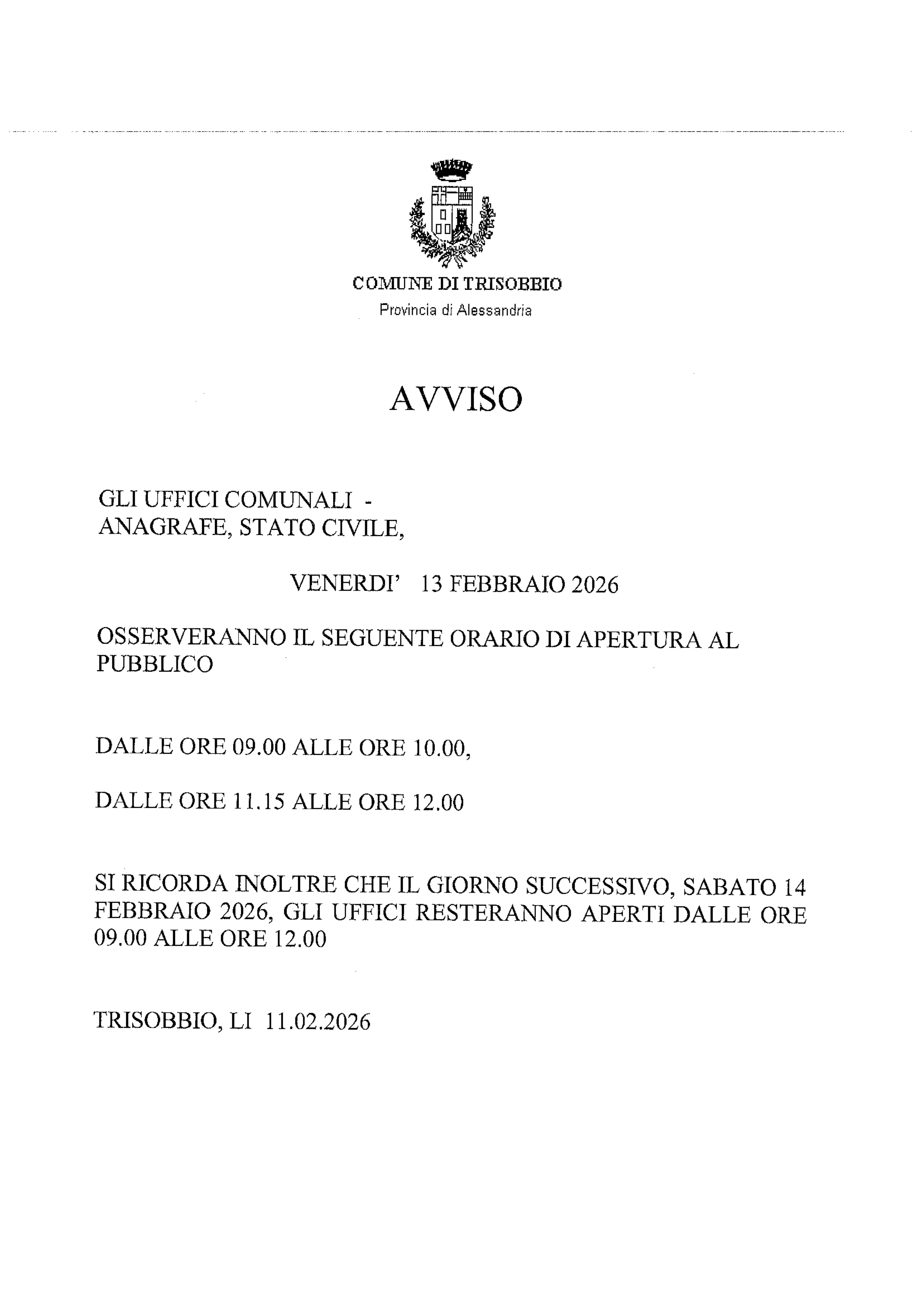 Orario apertura uffici venerdi 13 febbraio 2026